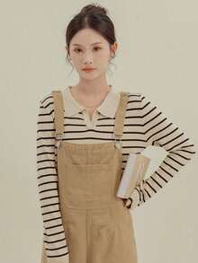 Suéter a rayas con cuello polo para mujer, suéter fino de primavera y otoño, top básico de punto, Jersey informal - Blanco - Ver 5