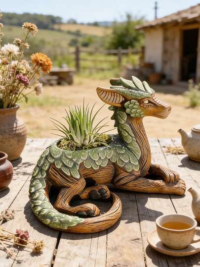 Hand-Painted Resin Forest Dragon Planter With Air Plant Hole, Whimsical Mythical Creature Succulent Pot For Boho Home Decor, Cute Fantasy Dragon Figurine Flower Pot For Windowsill, Desk, Patio, Garden, Unique Gift For Dragon Lovers & Plant Parents, Rustic Wood-Grain & Green Leaf Design, Durable Resin Material, Perfect For Small Plants, Herbs, Cacti, Adds Magical Cottagecore Vibe To Any Indoor/Outdoor Space