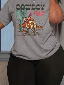 Women's Cotton Graphic T-Shirt - Cowgirl Take Me Away Desert Print, Loose Fit Short Sleeve Round Neck, Breathable Casual Summer Tee For Parties & Daily Wear, Ladies T Shirts, Cowboy Theme Shirt, Comfortable Fabric, Party Outfit, Cartoon Design, Soft Material, Printed Top, Adults - 灰色 - 查看 1