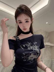 性感褶皱腰身修身不对称肩短袖T恤 - 寶藍色 - 查看 3