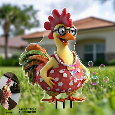 2D Flat Cartoon Chicken Decor - Polka Dot Design, Glasses And Pearl Necklace, Durable Plastic Farmhouse Style Lawn Decoration, Garden Yard Decor, Lively Design, Thickened, 1 Piece