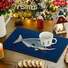 4pcs 2D Flat Fish Pattern Embroidery Style Placemats, Blue Linen Table Mats, Modern Art, Suitable For Kitchen Table Decor, Holiday Decor, Daily Use, Parties, Birthdays, Weddings, Dinner Parties, For Kitchen, Cafe, Restaurant, And Home Decor, 2D Flat - 12x18inch - View 3