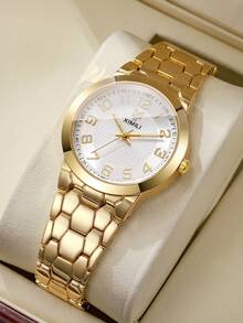 1件女士时尚休闲数字表盘优雅石英手链手表，不含表盒 - 金色 - 查看 1