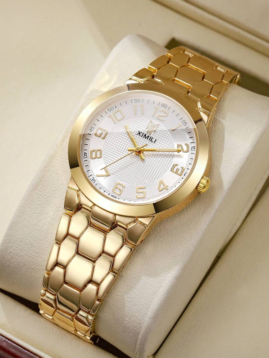 1件女士时尚休闲数字表盘优雅石英手链手表，不含表盒 - 金色 - 查看 1