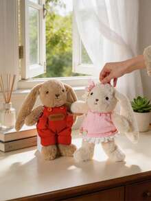 Conjunto de muñecos de peluche de conejo de orejas largas lindos (vestido de lunares/overol rojo/pijama), muñeco de conejo de peluche suave regalo decoración - Multicolor - Ver 3