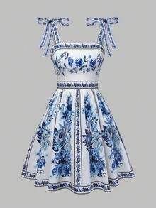 印花系带露肩吊带连衣裙 - 藍白色 - 查看 8