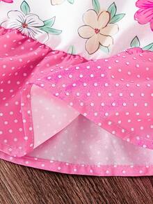 Baby Girl Sleeveless Ditsy Floral Ruffle Hem Dress With Bow - Hot Pink - View 7