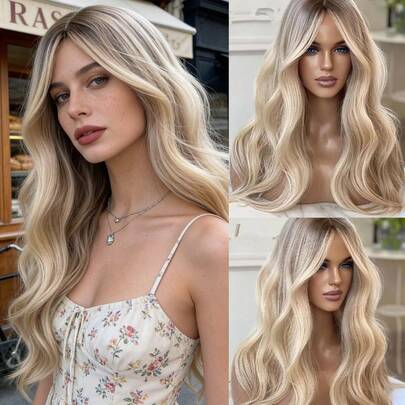 13x4 24" Ombre Golden Blonde Loose WAve Lace Front Wig, Suitable For Women - Heat Resistant Synthetic Hair, Medium Brown With Natural Roots, Pre-Plucked Natural Hairline And Baby Hair, Ideal For Daily Wear, Weddings, Halloween, Christmas