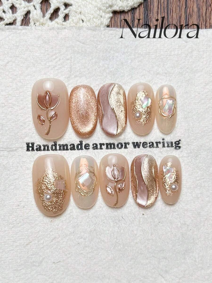 10片手工椭圆形亚克力美甲贴片，适合短指甲，简约裸粉色渐变，闪亮猫眼，闪粉手绘美甲粉玫瑰不对称线条，珍珠镶嵌，简约优雅奢华春季美甲，夏季美甲贴片，多功能美甲DIY假指甲，适合派对、日常、约会、工作场合，可重复使用，送给女性和女孩的礼物，美甲用品 - 粉色 - 查看 1