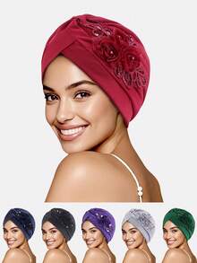 1pc Women's Sequin Pleated Headscarf, Headwrap, Hat Suitable For Daily Use - Multicolor - View 1