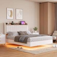 Marco de Cama Flotante con Luces LED y estación de Carga USB, Moderna Plataforma tapizada con cabecero, Soporte de Listones de Madera Maciza, sin somier, fácil Montaje, sin Ruido - Beige-Completo - Ver 1