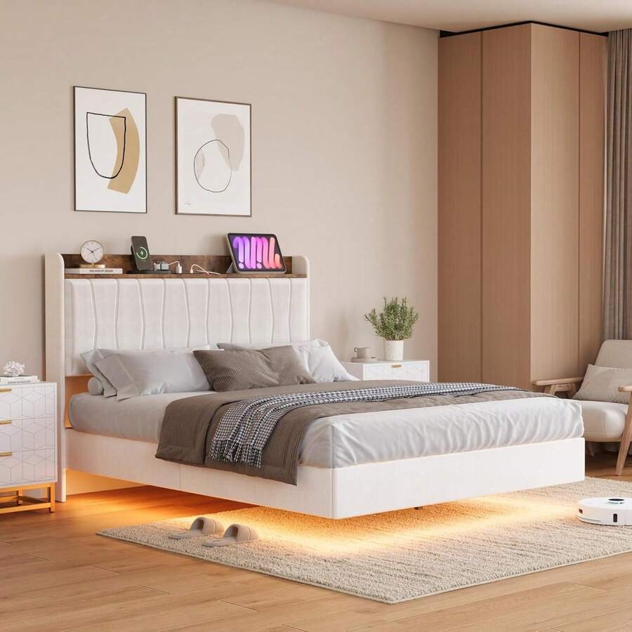 Marco de Cama Flotante con Luces LED y estación de Carga USB, Moderna Plataforma tapizada con cabecero, Soporte de Listones de Madera Maciza, sin somier, fácil Montaje, sin Ruido - Beige-Completo - Ver 1