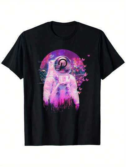 Polka Dot DOT Crypto Moonman Space Dream Art Cryptocurrency T-Shirt, Short Sleeve T-Shirt, Humorous Cool Idea, 100% Cotton, Material Weight, Patterned T-Shirt, Single-Sided Print, Best Friend For Men, Dad, Mom, Black 220g