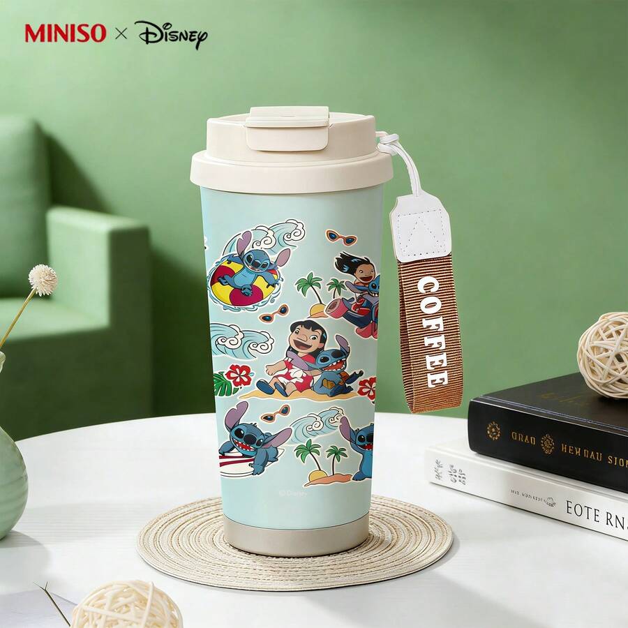 MINISO X Disney Lilo & Stitch Tropical Surfing Pattern Insulated Coffee Tumbler With Wrist Strap,Stainless Steel, Coffee Cup With Lid,Dual-Drink Design,  And Durable - 彩色 - 查看 1