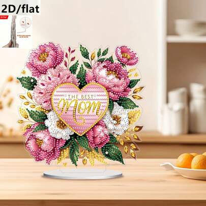 1pc 2D Flat Printing DIY Diamond Painting Acrylic Decor, Mother's Day Themed 2D Diamond Painting Decor, "The Best Mom" Floral & Heart Design, Mother's Day Limited Edition