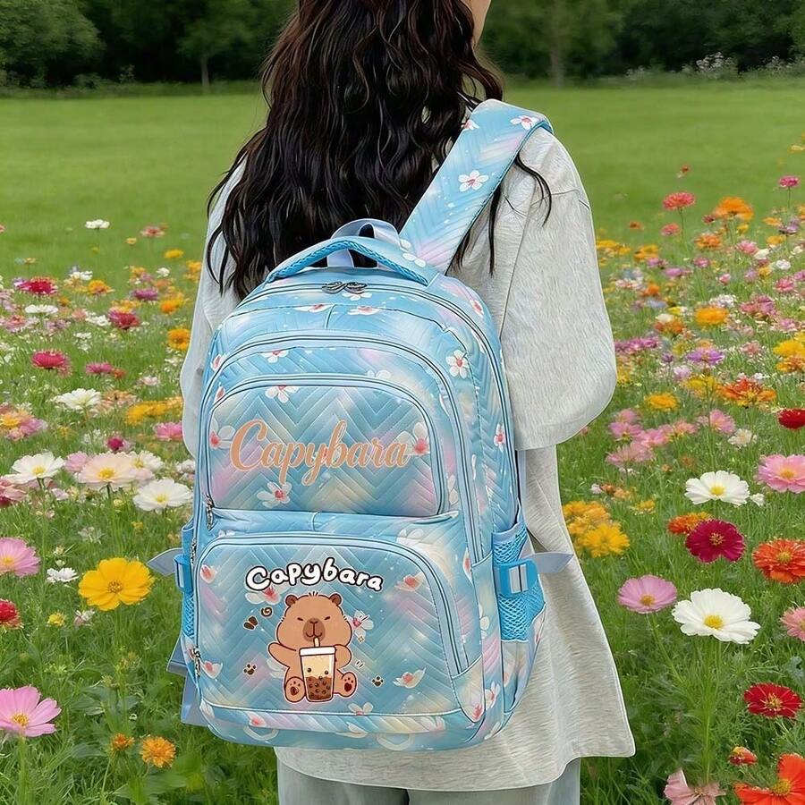 Capybara Themed Large Capacity Backpack - Cute Blue & Pink Zipper Closure, Laptop Compartment, Polyester Material, Lightweight & Fashionable, Suitable For Commuting And Back To School, Padded Shoulder Straps, Secure Zipper Closure, Travel Backpack, Fun Design, Sturdy ,Back To School Supplies School Essentials - Multicolor - View 1