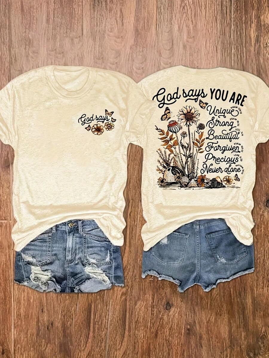Ladies' T-Shirt, Printed With "Christian Inspirational Scripture", Casual Round Neck, 100% Cotton, Slightly Elastic, 220G, Ladies' Short Sleeves, Regular Version, Suitable For All Seasons, Classic Holiday Gift T-Shirt - Quả mơ 1 - Xem 1