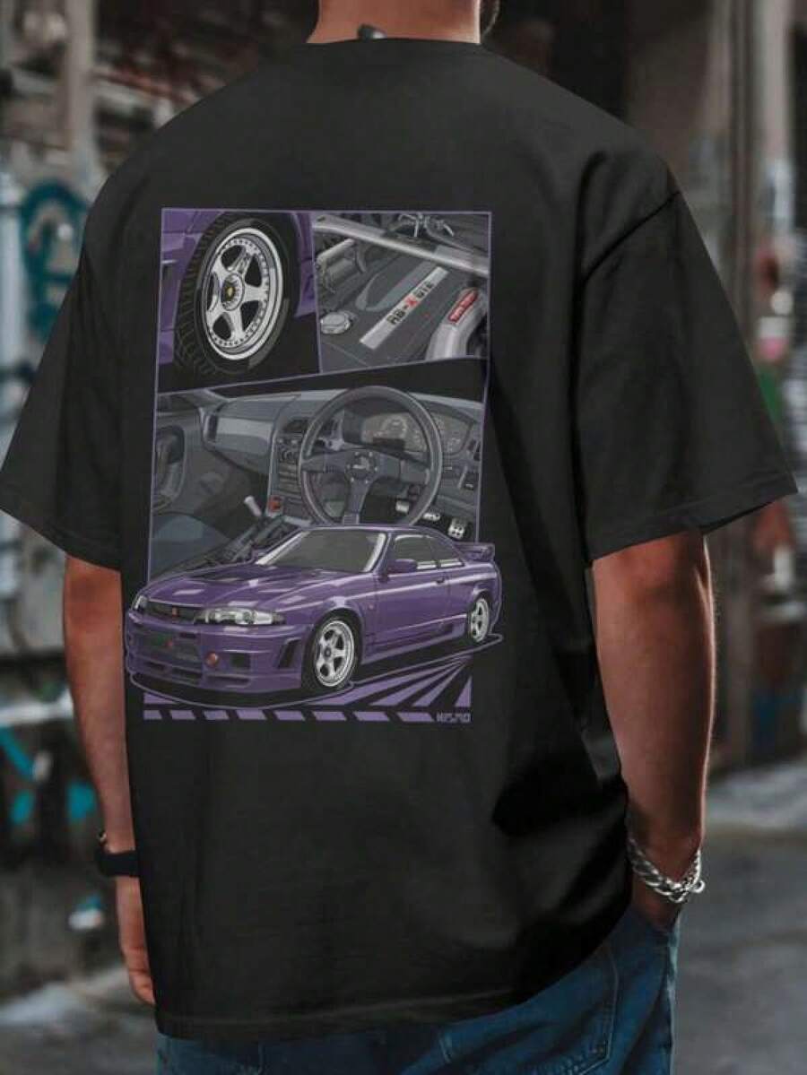 Graphic-Shirt Cotton Tees Size PlusR34 TShirt – GTR Stanced Drift Sport Car JDM Fans Casual Unisex Streetwear, Regular Fit, 180g 100% Cotton Racing Tee, Fashion Y2k Short Sleeve, Hip Hop Tshirt, For Summer ,Y2K,Oversized Shirt Men S-5XL,Summer Tops - 黑色 - 查看 1