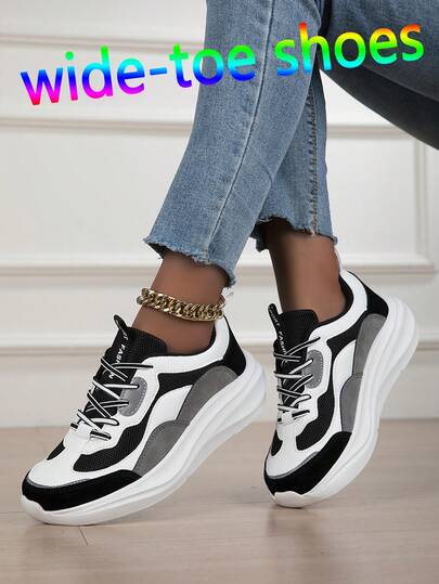 Giày thể thao nữ mũi rộng, giày thể thao đế cao cho nữ bàn chân rộng, giày thể thao nữ mũi tròn buộc dây phối màu đế dày thời trang.