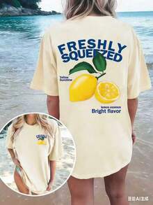 FRESHLY SQUEEZED Casual Lemon Vacation Atmosphere Graphic Oversized Round Neck Short Sleeve-Shirt WomenUnisex Casual-Shirts - 杏色 - 查看 3