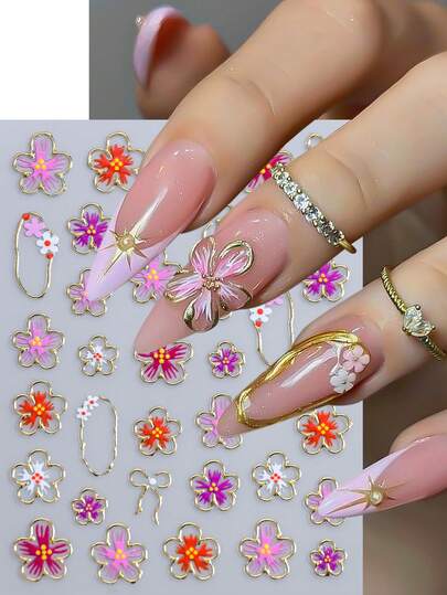 1 pieza Pegatina de uñas con relieve de cristal 5D de lirio colorido, con marco de línea dorada, lazo de cinta francesa y flor, decoración de arte de uñas deslizante DIY para manicura