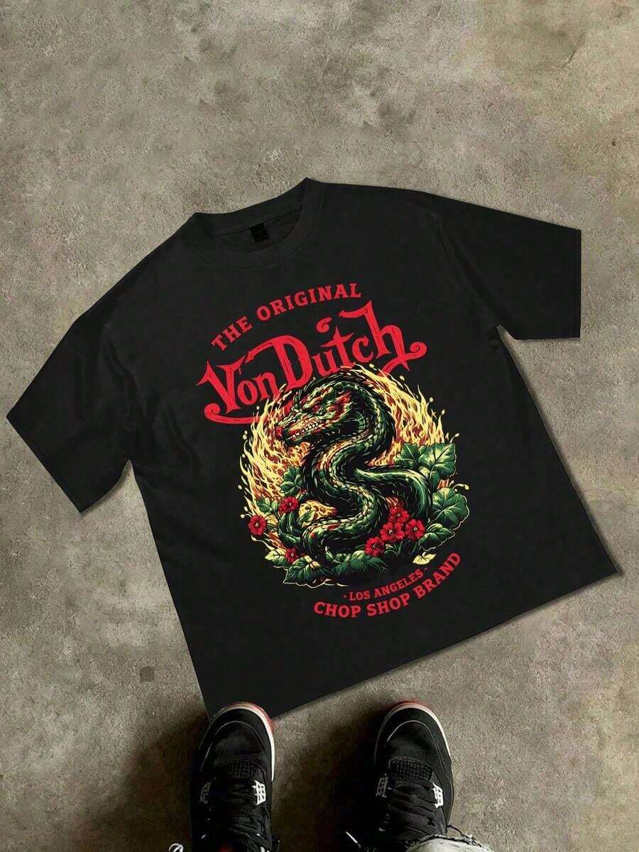 Biker T Shirts Women, Van Dutch The Original Flaming Serpent Chop Shop Distressed Print, Oversized Loose Fit Short Sleeve T-Shirt, Biker Streetwear, Gothic Los Angeles Aesthetic, Graphic, Free Shipping - màu đen - Xem 1