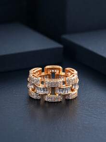 1 chiếc nhẫn đồng khảm đá Zirconia hình học rỗng, nhẫn unisex phong cách hip-hop cá nhân hóa, toàn bộ bằng đá Zirconia. - Vòng hình học - Xem 4