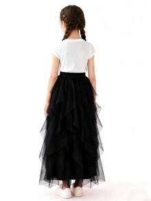 Váy maxi xếp tầng bằng vải voan nhẹ cho bé gái, cạp cao, mềm mại, dáng chữ A, thoải mái, mặc hàng ngày, kiểu công chúa. - màu đen - Xem 4