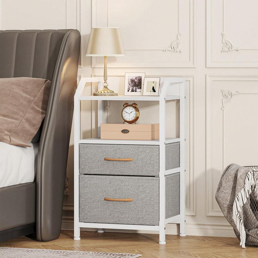 Compact 2-Drawer Fabric Bedside Table With Open Shelf | Metal Frame & Wooden Top, Space-Saving Nightstand For Bedroom/Living Room, Modern Sofa End Table With Storage