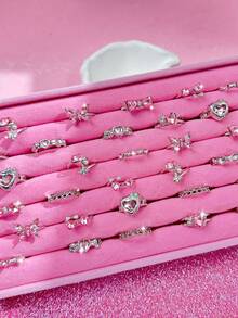 10pcs/Set Elegant High-End Unique Exquisite Fashion Pink Crystal Rings, Butterfly & Heart Shaped, Romantic Date Gift, Daily Wear Jewelry - Pink - View 1