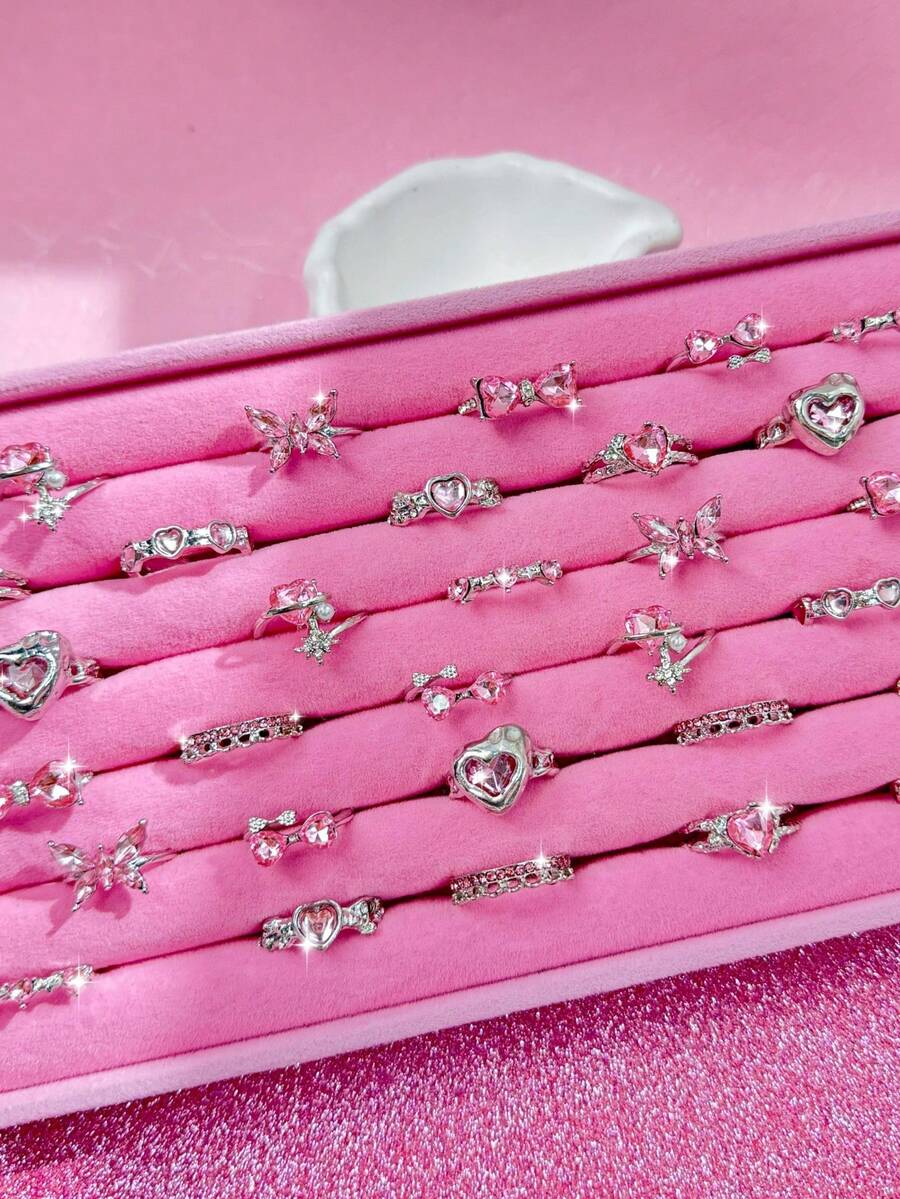 10pcs/Set Elegant High-End Unique Exquisite Fashion Pink Crystal Rings, Butterfly & Heart Shaped, Romantic Date Gift, Daily Wear Jewelry - Pink - View 1