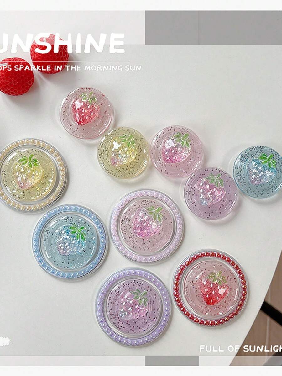 1 pieza Soporte de teléfono de escritorio con agarre de fresa de resina con brillo, soporte de teléfono minimalista y lindo adecuado para todos los teléfonos - Multicolor/No magnético - Ver 1