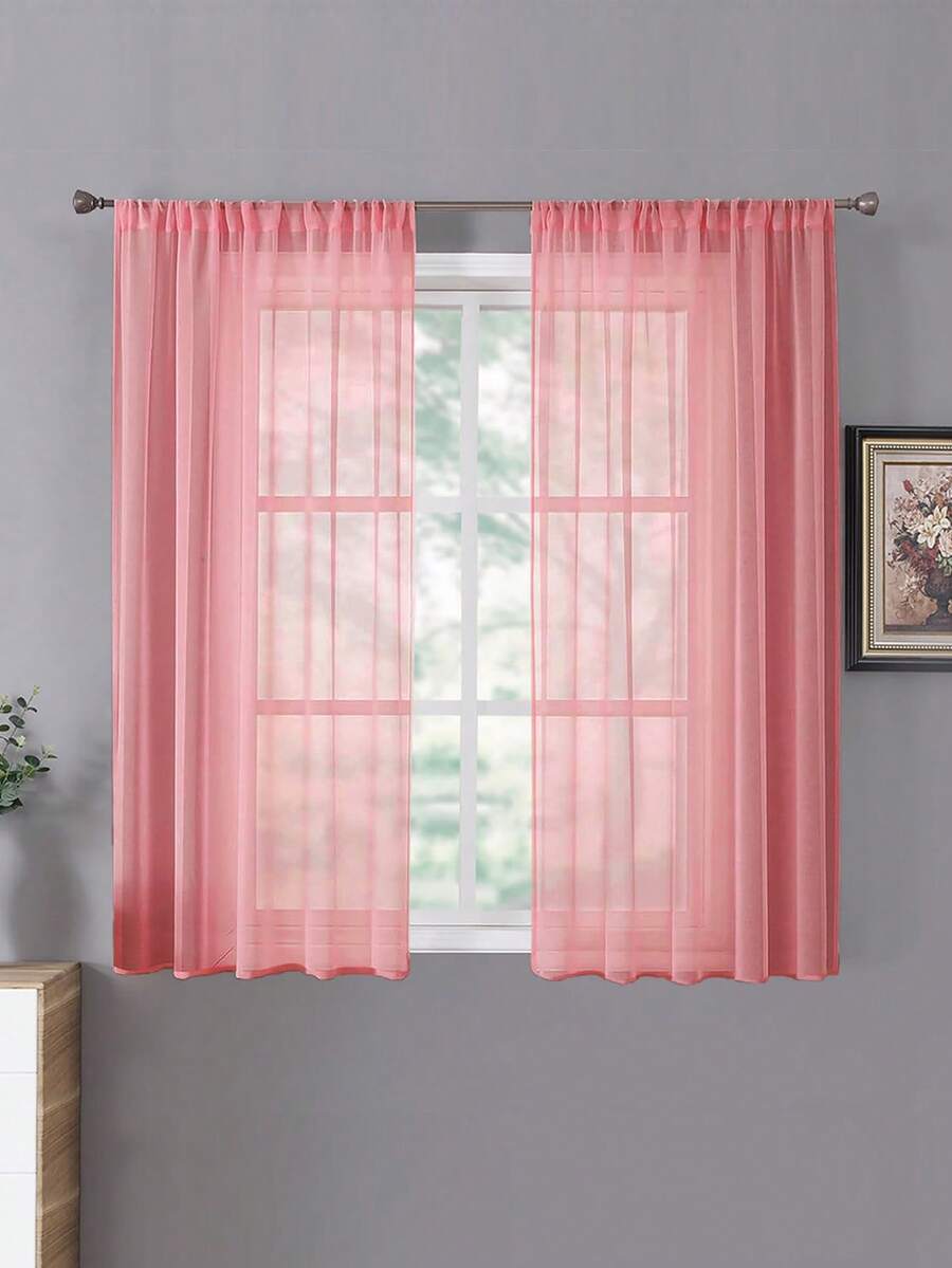 2 Panels Màu thuần Cửa sổ mỏng , Có thể tháo rời Trong mờ Trang trí Rèm Đối với Phòng ngủ Phòng khách Sự riêng tư Rèm - Hồng - Xem 1