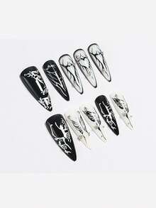 24 Pcs Long European And American Retro Silver 3D Waterdrop Pattern Black Butterfly Handmade Wearable Nails Suitable For Travel Parties Daily Outings Festivals Versatile Pointed Nails + 1 Jelly Gel + 1 Nail File - Black - View 4