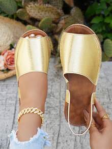 planare Giày sandal đế bằng hở mũi, quai hậu, chất liệu giả da, kiểu dáng thường ngày, thoải mái, màu vàng kim, thích hợp cho nữ, đi nghỉ mát. - Vàng - Xem 2