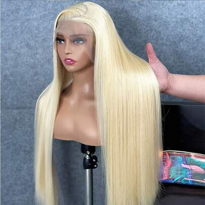 Tóc giả ren phía trước bằng tóc thật thẳng, mật độ 200%, kích thước 13*4 - Màu vàng #613, đã được cắt sẵn từ tai đến tai, đã được là sẵn, tóc giả ren phía trước nguyên chất Brazil, không cần keo dán, đường chân tóc tự nhiên - Tóc giả ren phía trước trong suốt HD đã được cắt sẵn - Tóc giả ren phía trước bằng tóc thật, không cần keo dán - Dễ dàng sử dụng, phù hợp với mọi người, kiểu dáng thanh lịch cho mọi sắc tộc, tóc pha trộn.