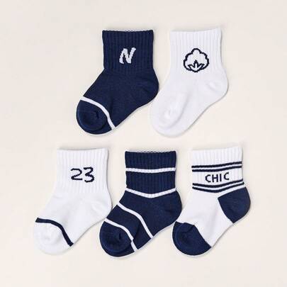 5双男童透气舒适休闲袜，字母条纹图案无缝婴儿袜