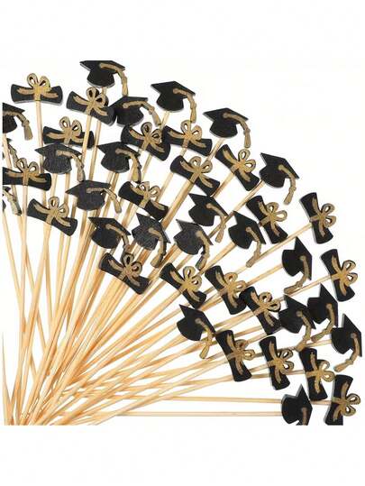 30/10pcs Graduation Themed Decorative Bamboo Sticks, Diploma/Graduation Cap Shaped Decorative Rods, Decorative Bamboo Sticks, Fruit Picks, Bamboo Skewers, Flower Picks, Fruit Forks, Creative Art Toothpicks, Decorative Bamboo Skewers, Cake & Burger Art Forks, Birthday Party Holiday Decorations, Suitable For Outdoor, Camping