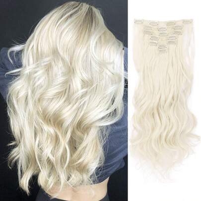 7pcs 22-Inch Long Wavy Synthetic Hair Extensions, High Temperature Fiber, Clip-In Style, White