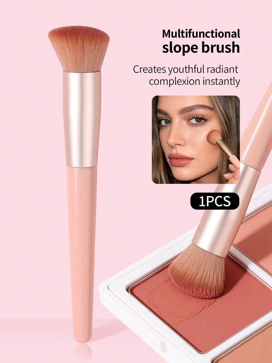 1支杏色腮红刷，斜角刷，长柄木柄，化妆刷，散粉刷，轮廓刷，化妆工具，适合初学者和专业人士，家用/户外男女通用