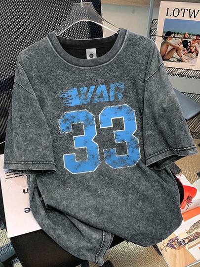 男式宽松短袖 T 恤，仿旧图案印花，休闲夏季运动、户外、露营、游泳、海滩