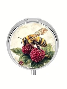 1个优雅牡丹、玫瑰、草莓、蜜蜂图案金属旅行药盒 - 3个隔层，便携式日常药品收纳盒，带安全扣，适合注重健康的人士，带安全扣的装饰性药盒 - 查看 5