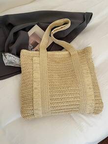 Bolso de paja de moda clásica, bolso de hombro minimalista casual de gran capacidad - Beis - Ver 7