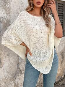 Women's Casual Solid Color Oversized Graphic Pullover Sweater - Beige - View 4
