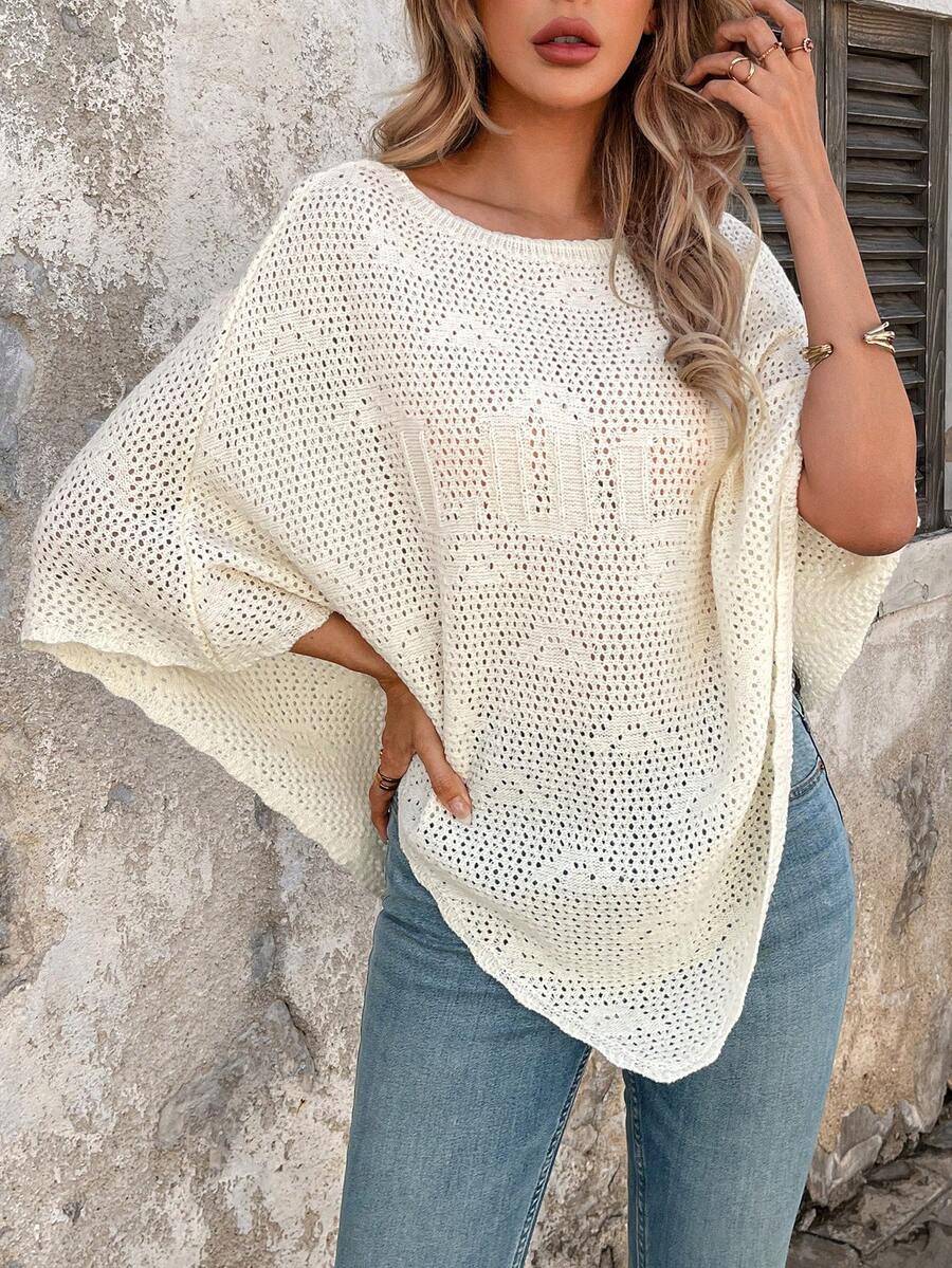 Women's Casual Solid Color Oversized Graphic Pullover Sweater - Beige - View 1