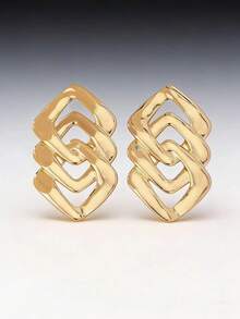1 Pair European And American Geometric Asymmetrical Square Chain Stud Earrings, Suitable For Women's Daily, Party, Festival Gifts - Yellow Gold - View 2