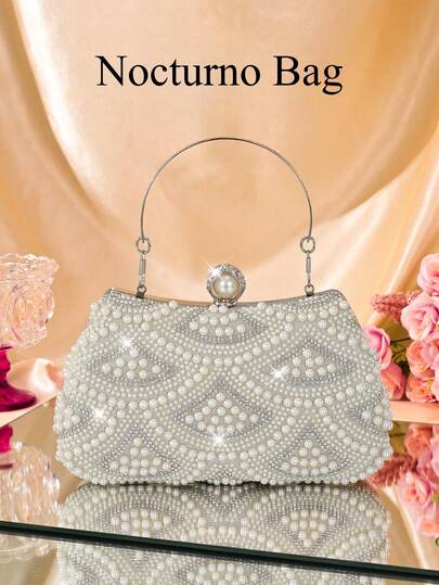 1pc Fashion Silver Single-Sided Faux Pearl Decor Handbag, Clutch Bag With Open Top Buckle, Metal Shoulder Chain, Elegant Clutch Purse For Evening Party, Wedding, Suitable For Ladies, Great Gift For Women