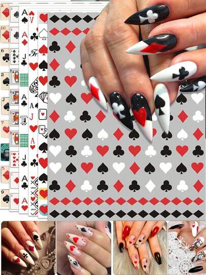 8 张扑克美甲贴纸 - 扑克牌和拉斯维加斯赌场主题自粘 3D 美甲贴花，可用于 DIY 老虎机赢家美甲