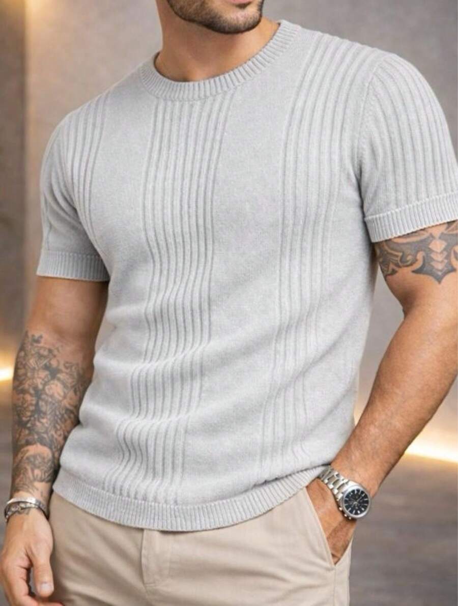 TRICOT DE LUXO Men's T-Shirt/Knit Sweater With Ribbed Details, Chic, Lightweight, High Quality, Spring, Summer, Autumn - Bạc - Xem 1