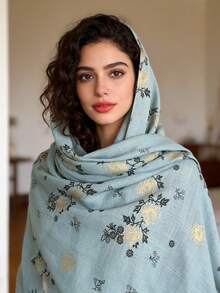 1件复古波西米亚风竹节纱线印花流苏头巾，金色花朵箔片装饰，柔软材质，多功能防晒/防风头巾披肩，适合日常生活/节日派对/宴会等场合。 - 彩色 - 查看 8